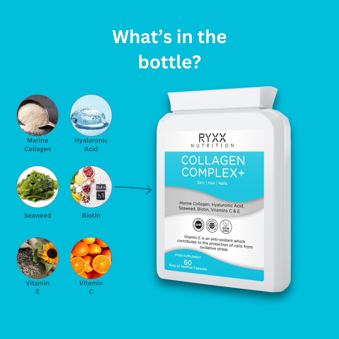 Ryxx Collagen Complex+ | Marine Collagen Supplement with Hyaluronic Acid, Biotin, Vitamin C & E | Skin, Hair & Joint Support | 60 Capsules | Made in the UK by RYXX