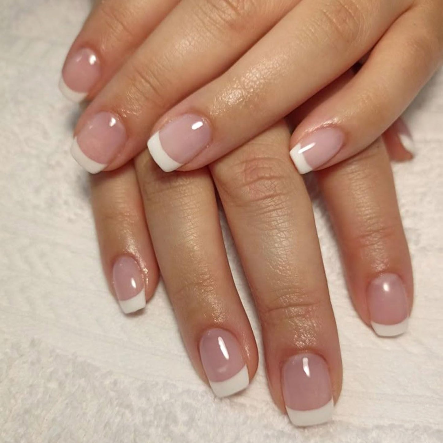 LunarCharm 24 Pieces White French Tip Press-on Nails, Short Square Artificial Nails, Pink Glue-on Nails, Full Coverage, Acrylic Artificial Nails, Reusable