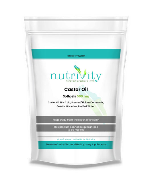Castor Oil 500mg Soft Gels | Intestinal Help | Constipation Relief | Healthy Hair & Skin | Made in The UK to GMP Standards by Nutrivity (60)