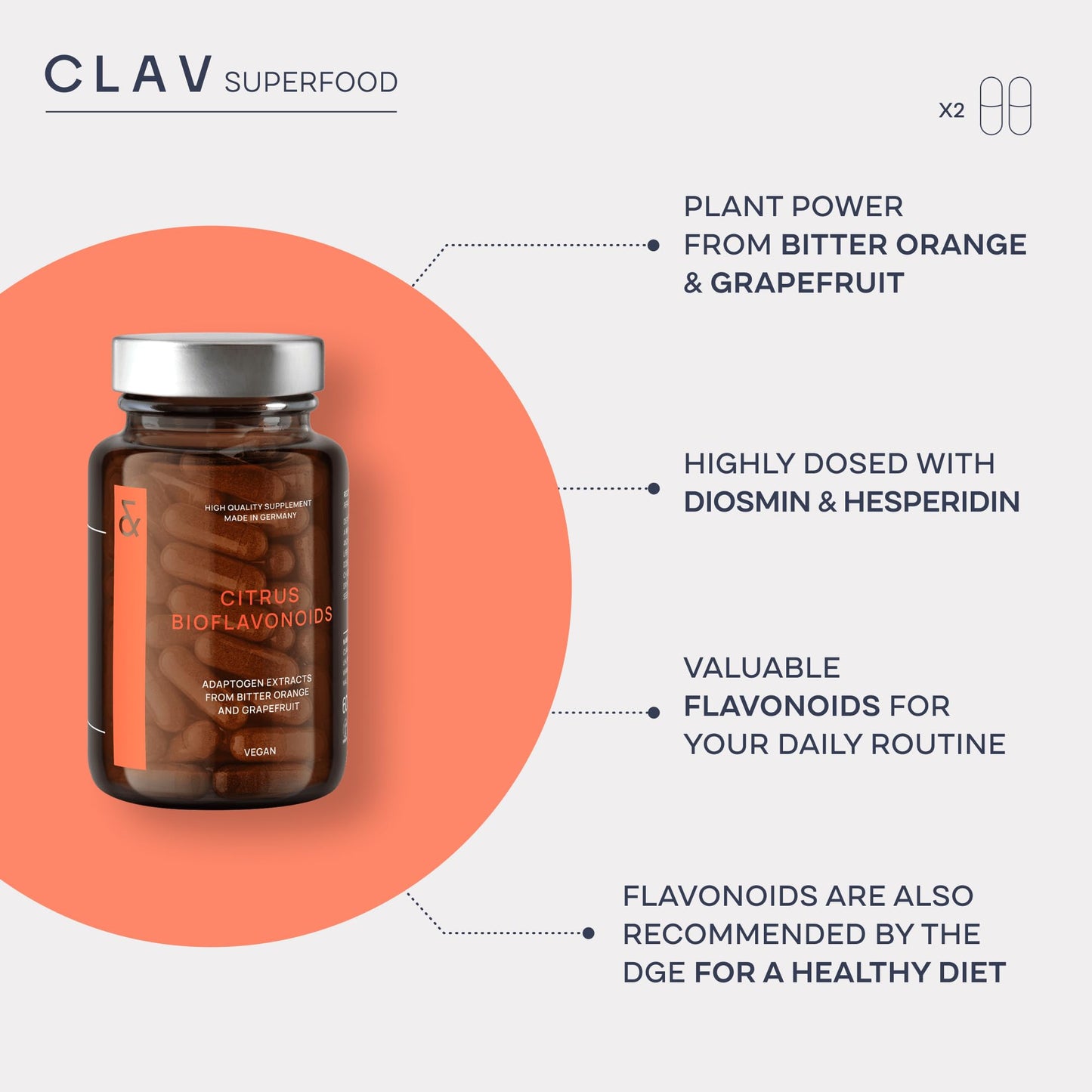 CLAV Citrus Bioflavonoids Complex with Diosmin Hesperidin and Naringin - Flavonoids Supplement Made from Bitter Orange and Grapefruit Extract - Circulation Booster - 60 Capsules - Made in Germany