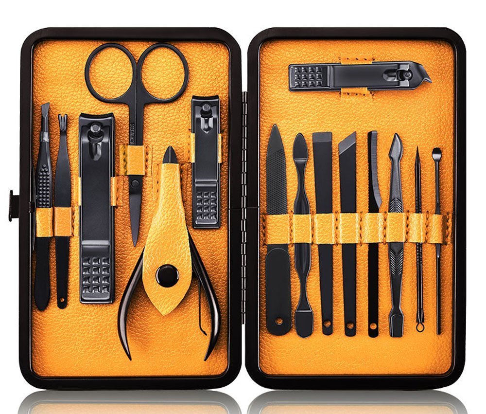 Keiby Citom Manicure Set Nail Set Nail Clipper Kit Professional - Stainless Steel Pedicure Set Nail Grooming Kit of 15pcs with Case for Travel (Black/Yellow)
