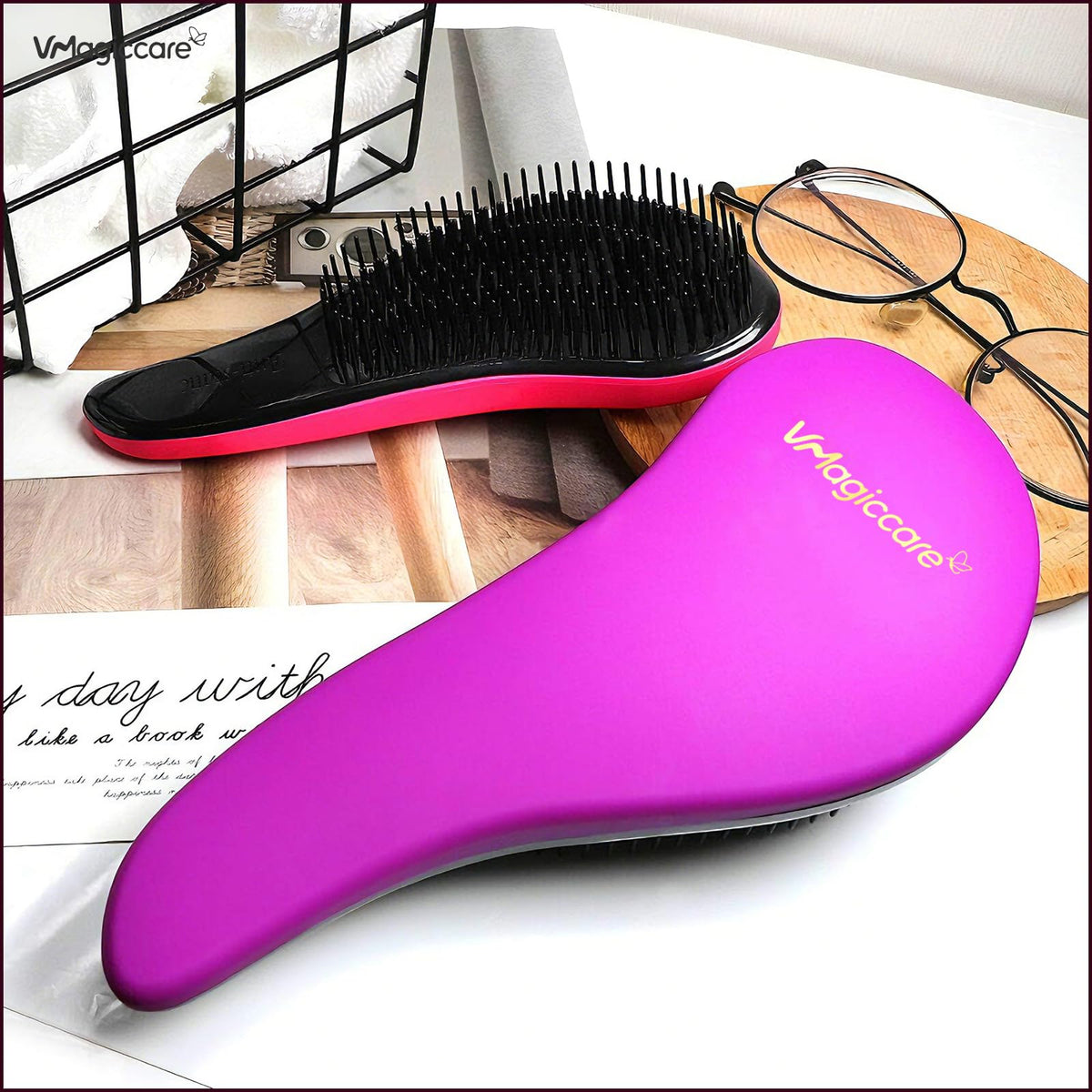 VMAGIC CARE Detangling Hairbrush - glide the Detangler Hairbrush through Tangled hair Best Brush Comb for Women, Girls, Men & Boys - Use in Wet and Dry Hair (Purple Big + Rose Red Small)