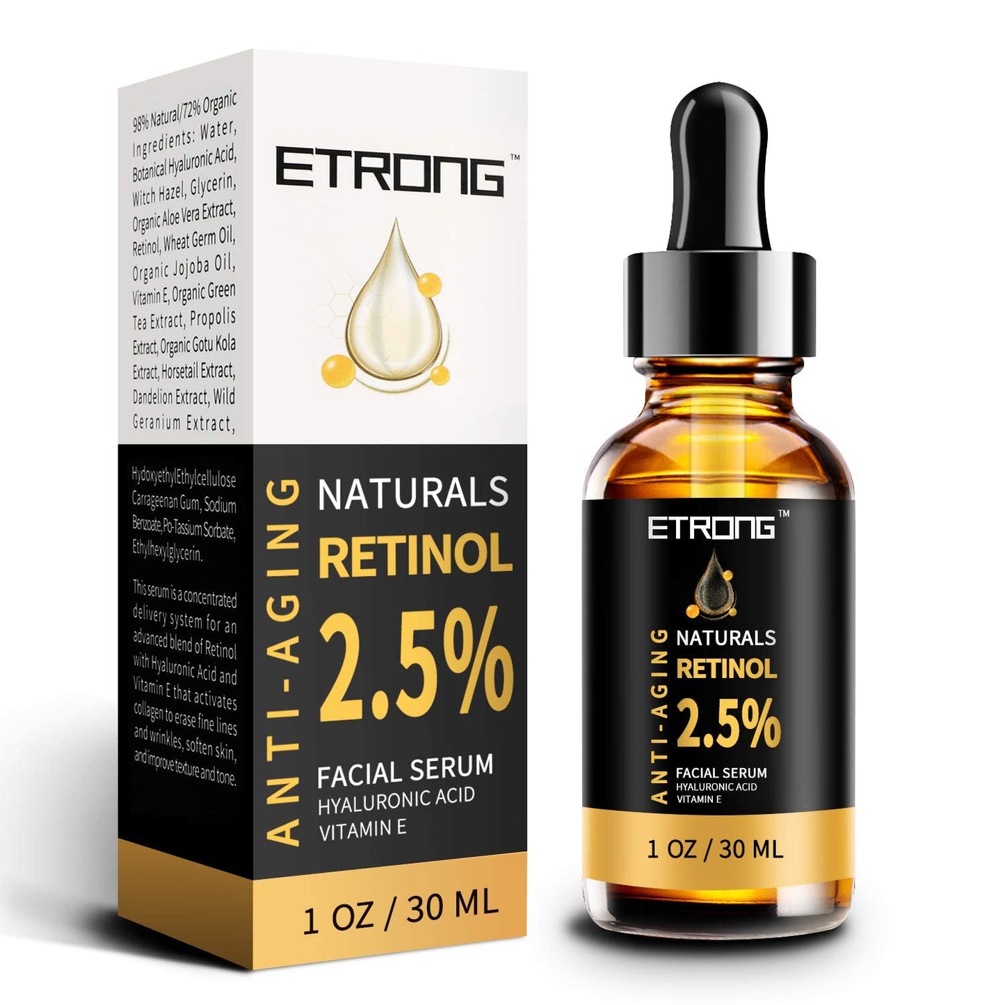Retinol Serum,ETRONG High Strength Anti-aging Serum with 2.5% Retinol,Hyaluronic Acid and Vitamin E for Face Acne 1 Oz(30ml)