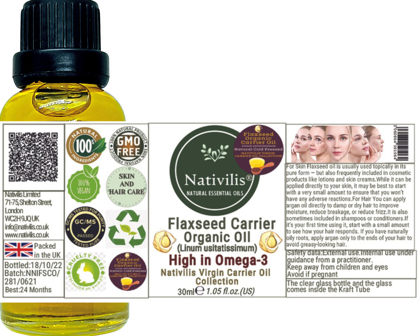 Nativilis Natural Essential Oils Nativilis Organic Flaxseed Carrier Oil (Linum usitatissimum) - linseed oil - Hair, Face & Skin - Natural Cold Pressed - High in Omega-3 - Improves Skin Smoothness – Moisturizes Dry Skin - Copaiba
