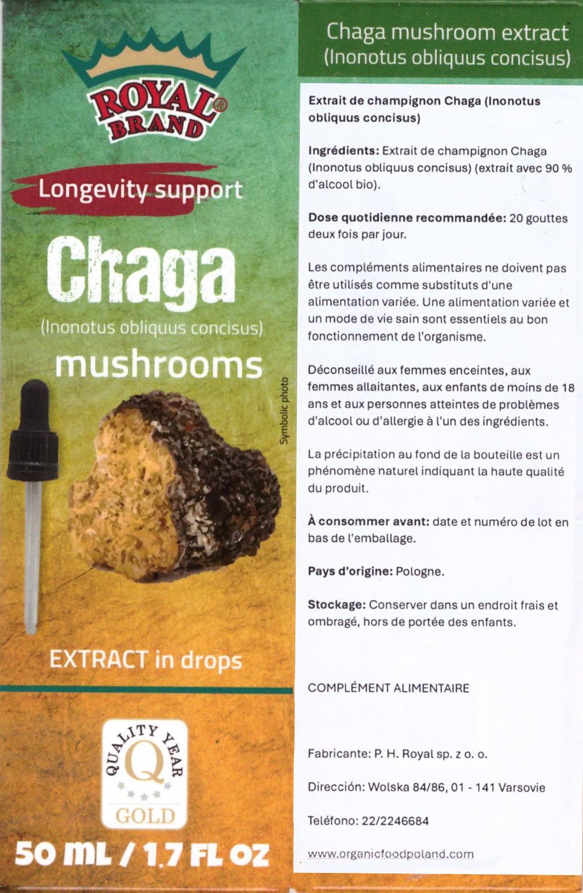 Royal Brand Chaga Extract Drops 50 ml / Chaga Mushroom / Better Than Chaga Mushroom Capsules / Liquid Extract Drops / 1.7 FL OZ