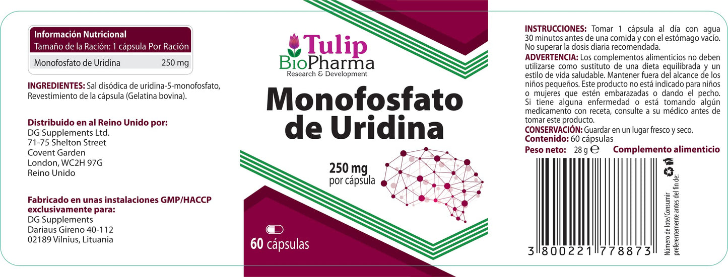 Tulip BioPharma Uridine Monophosphate 250mg 60 Capsules, Certificate of Analysis by AGROLAB Germany, High Strength, Gluten, GMO Free