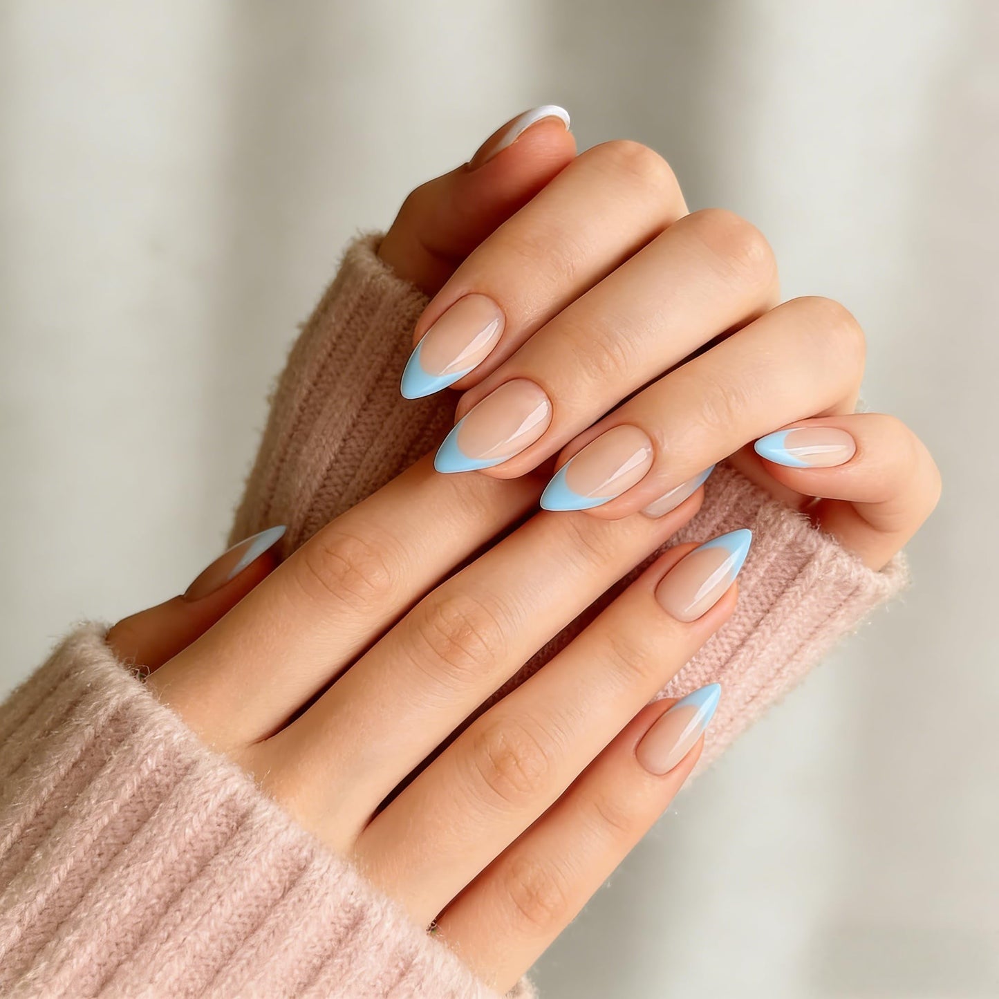 KQueenest 30 Pcs Blue French Tip False Nails Short Medium Almond, French Tip False Nails Short Stiletto, Custom Thick Acrylic Fake Nails Set Natural Nude Gel Stick on Nail for Women Daily Wear