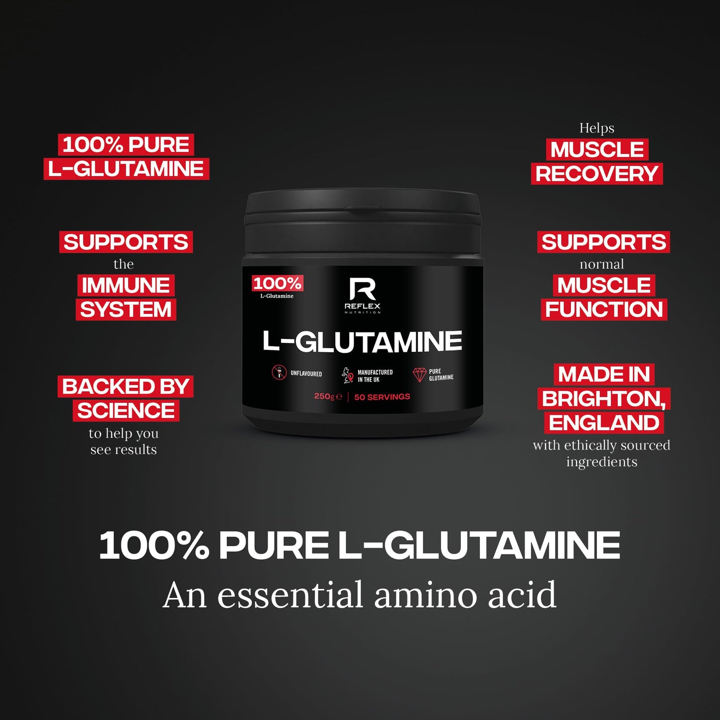 Reflex Nutrition L Glutamine Powder 250g (5g per Serving, 50 Servings) – Pure L Glutamine Amino Acid – Unflavoured Pre & Post Workout Nutritional Supplement