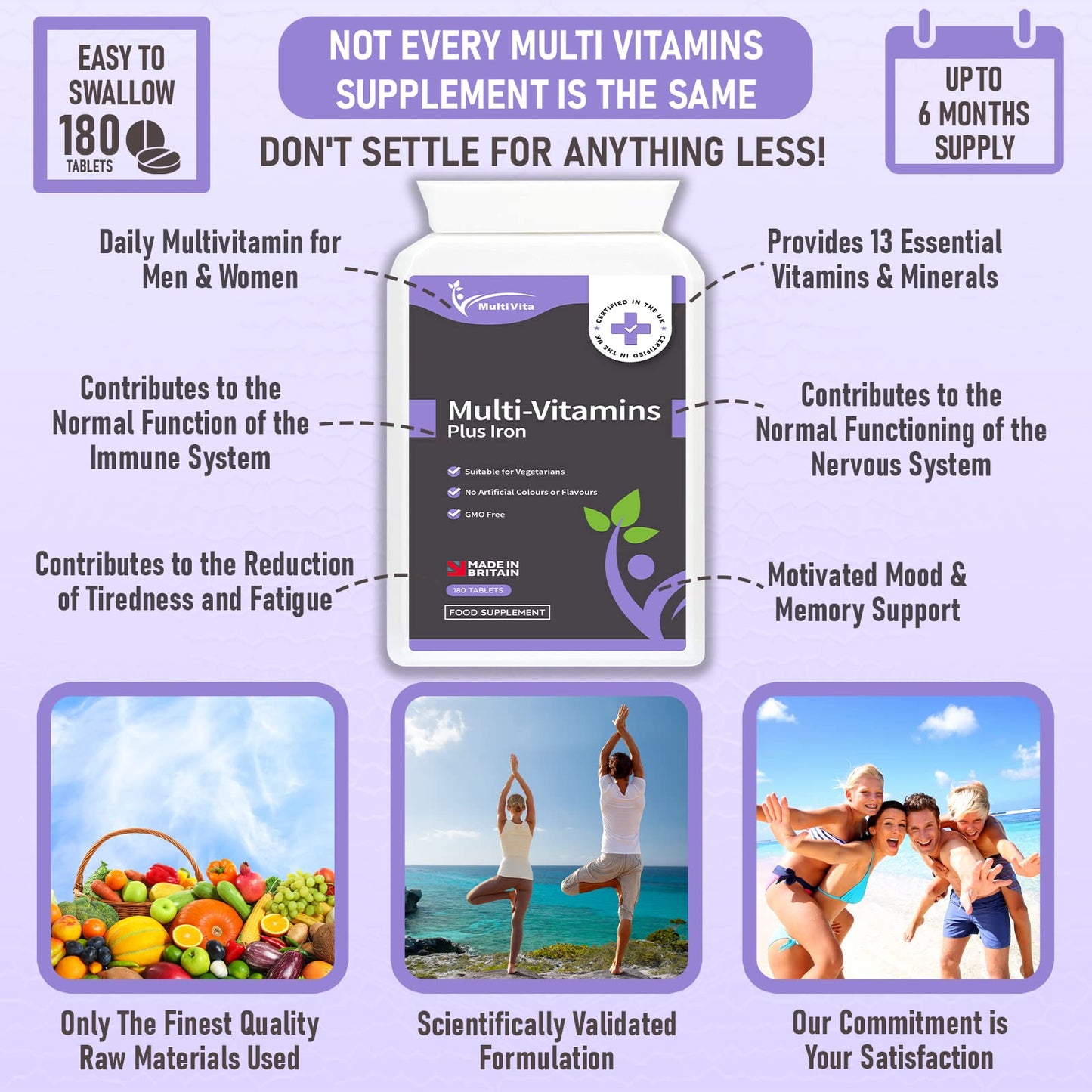 Multivitamins with Iron 180 One A Day Tablets - 13 Essential Vitamins & Minerals for Men and Women - Vitamins A, C, D, E, B1, B2, B3, B5, B6, B9, B12 & More - 6 Months Supply, UK Made to GMP Standards