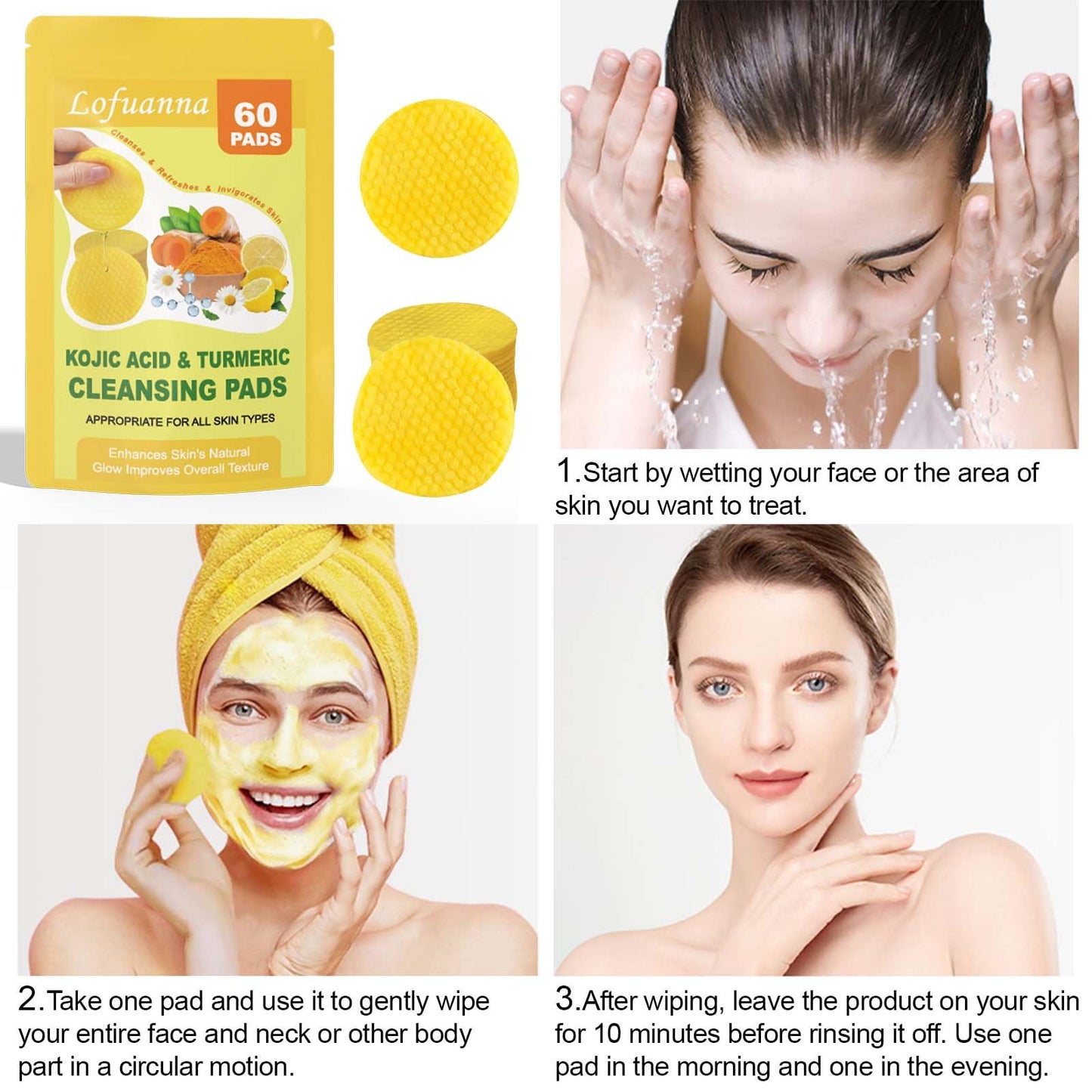 ZTSMSWY Turmeric Kojic Acid Pads,Kojic Acid and Turmeric Pads,Turmeric Kojic Acid Pads Exfoliating Pads, Turmeric Kojic Acid Cleansing Pads for Dark Spots 60 Pads