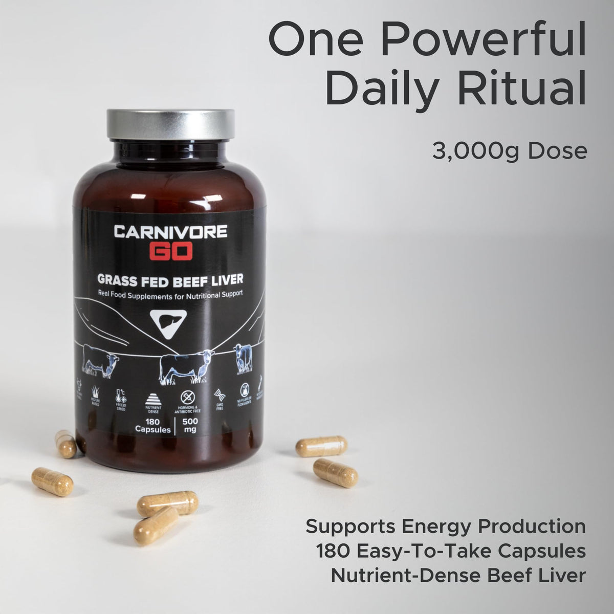Carnivore Go 100% Grass Fed Beef Liver Capsules - for Energy, Immunity, Focus, Detoxification & Skin Health - 180, 500mg Desiccated Beef Liver Supplements - UK Made - No GMO, Hormones, Antibiotics