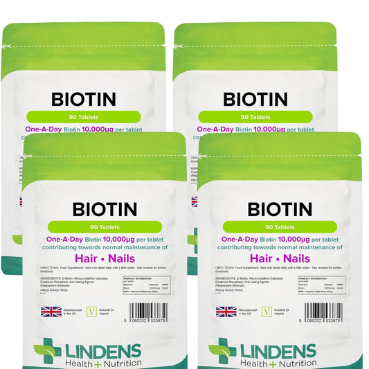 Lindens Biotin 10mg Tablets - 360 Pack - Contributes Towards Normal Hair and Nail Strength for Women & Men with Each Serving Contains 100X Nrv of Biotin - UK Manufacturer, Letterbox Friendly