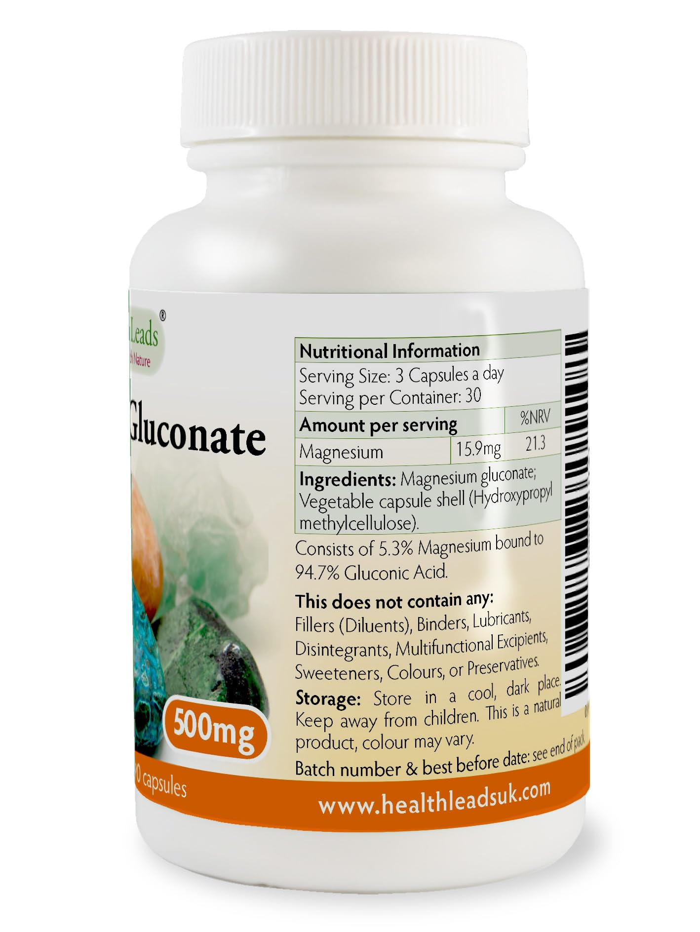 Health Leads ...Working With Nature Magnesium Gluconate 500mg x 90 Capsules (100% Additive Free)