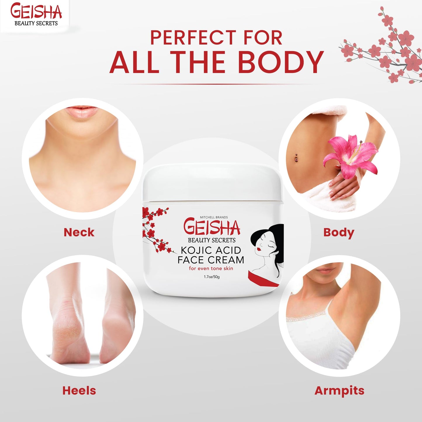 Geisha, Kojic Acid Cream | 1.7 fl oz / 50 ml | Skin Brightening Cream, Freckle Removal for Face, Knees, Body, Armpits, Neck, Underarm, Intimate Parts