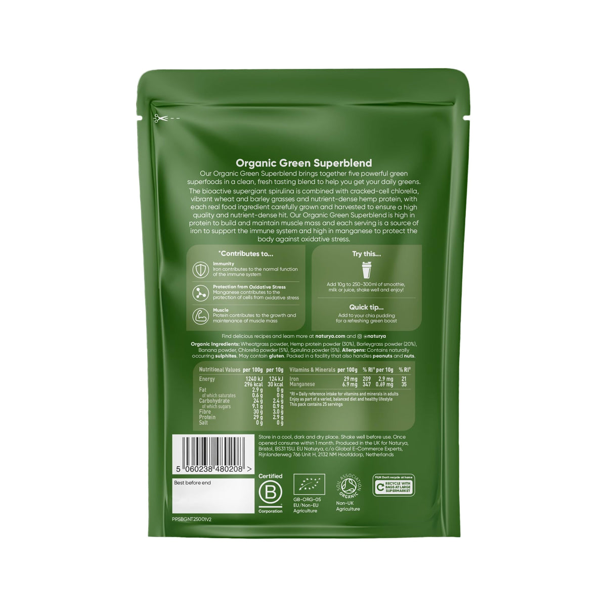 Naturya | Organic Green Superfood Powder Blend 250g | Alkaline, Vegan, Gluten-Free Superfood Powder