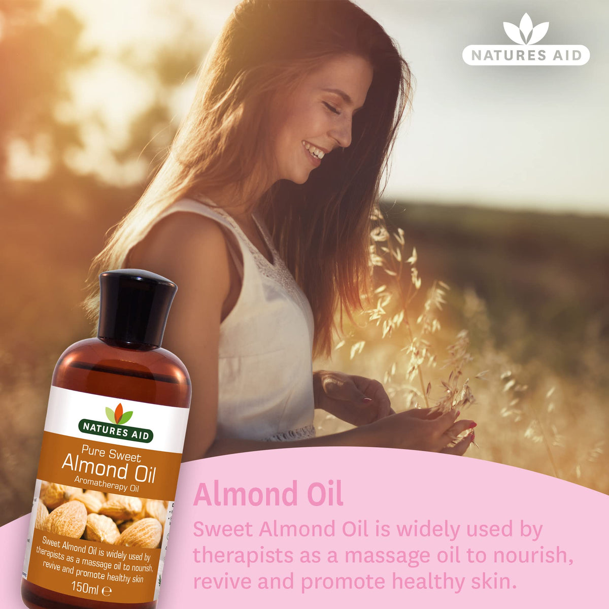 Natures Aid Sweet Almond Oil 150ml – 100% Pure Massage Aromatherapy Oil for Dry Sensitive or Irritated Skin – Vegan, Non-GMO, Gluten-Free – Hydrates, Soothes, Nourishes – Natural Skincare – Pack of 1