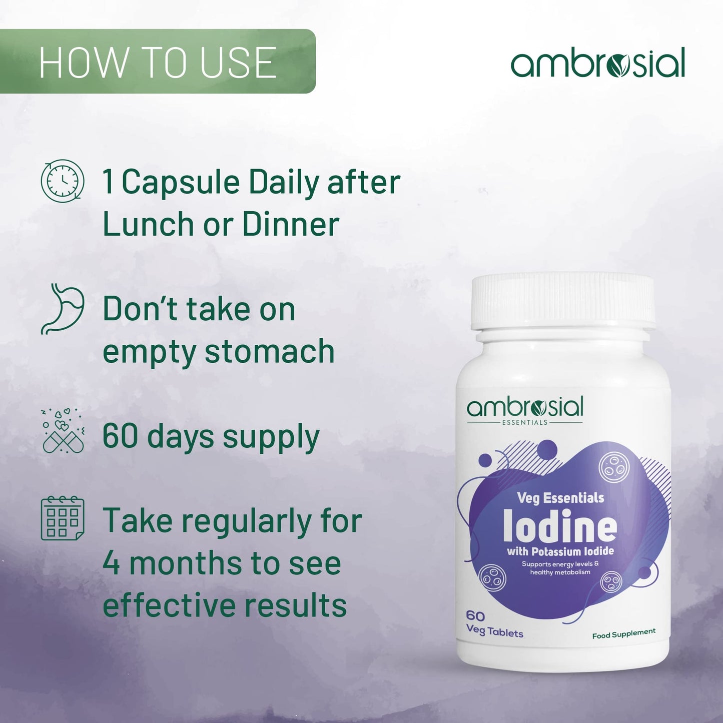 Ambrosial Iodine Supplement 5000mcg with 7500 mcg Potassium Iodide| High Strength Iodine Tablets | Natural Source of Iodine from Potassium Supplements & Iodide Tablets (Pack of 1-60 Tablets)
