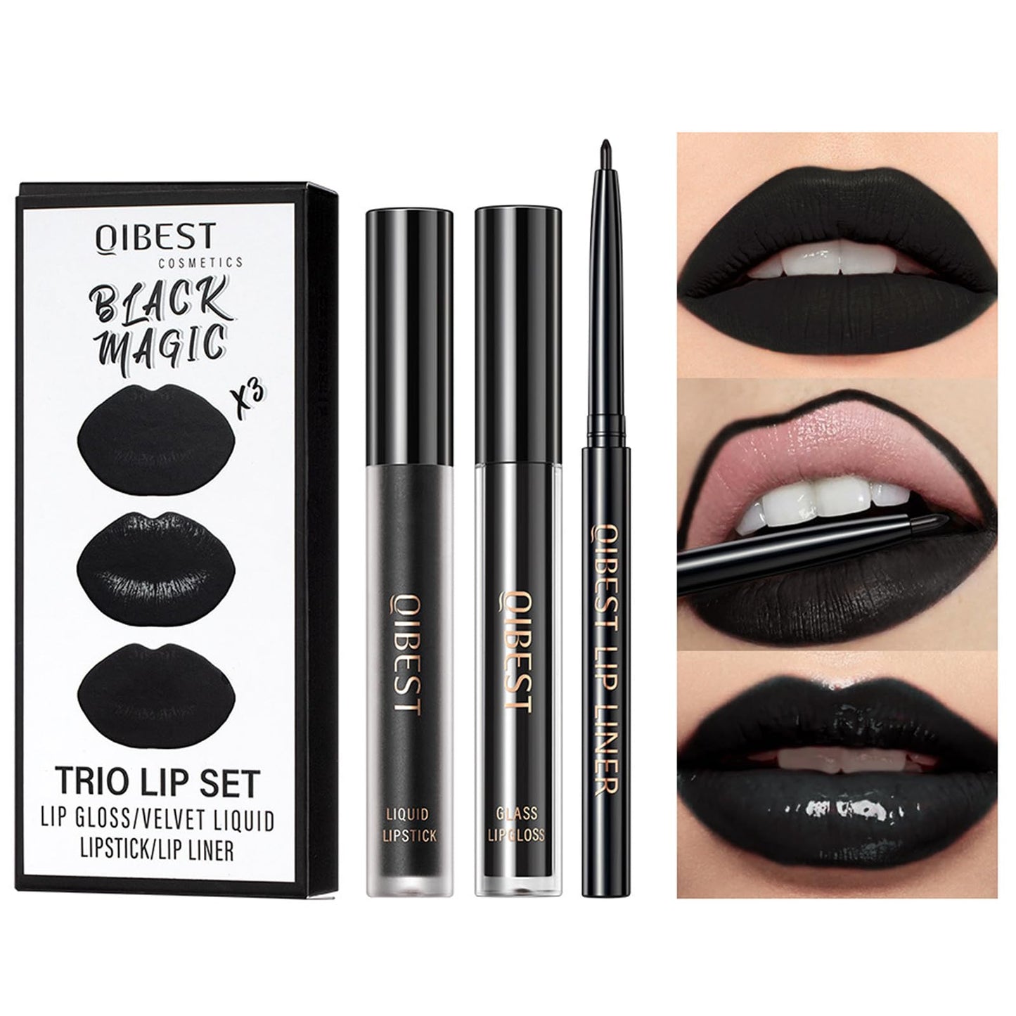 Shengqialun 3PCS Black Matte Liquid Lipstick, Lip Liner and Lipstick Set, Black Lip Gloss, Long-Lasting Velvety Lipstick One-Step Lip Makeup Set for Daily Makeup Goth Makeup and Holiday