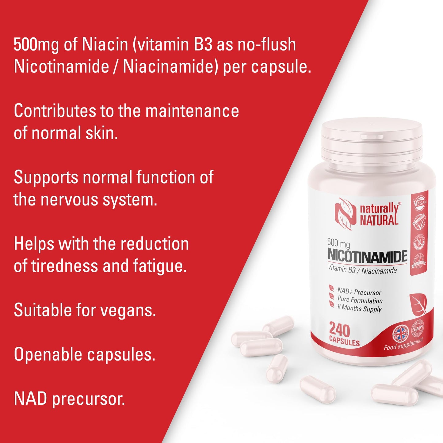 Vitamin B3 Nicotinamide 500mg | 240 Vegan Capsules | 8 Months Supply | Pure No Flush Niacin | High Strength Niacin as Niacinamide Supplement | NAD Precursor Supplement | UK Made by Naturally Natural