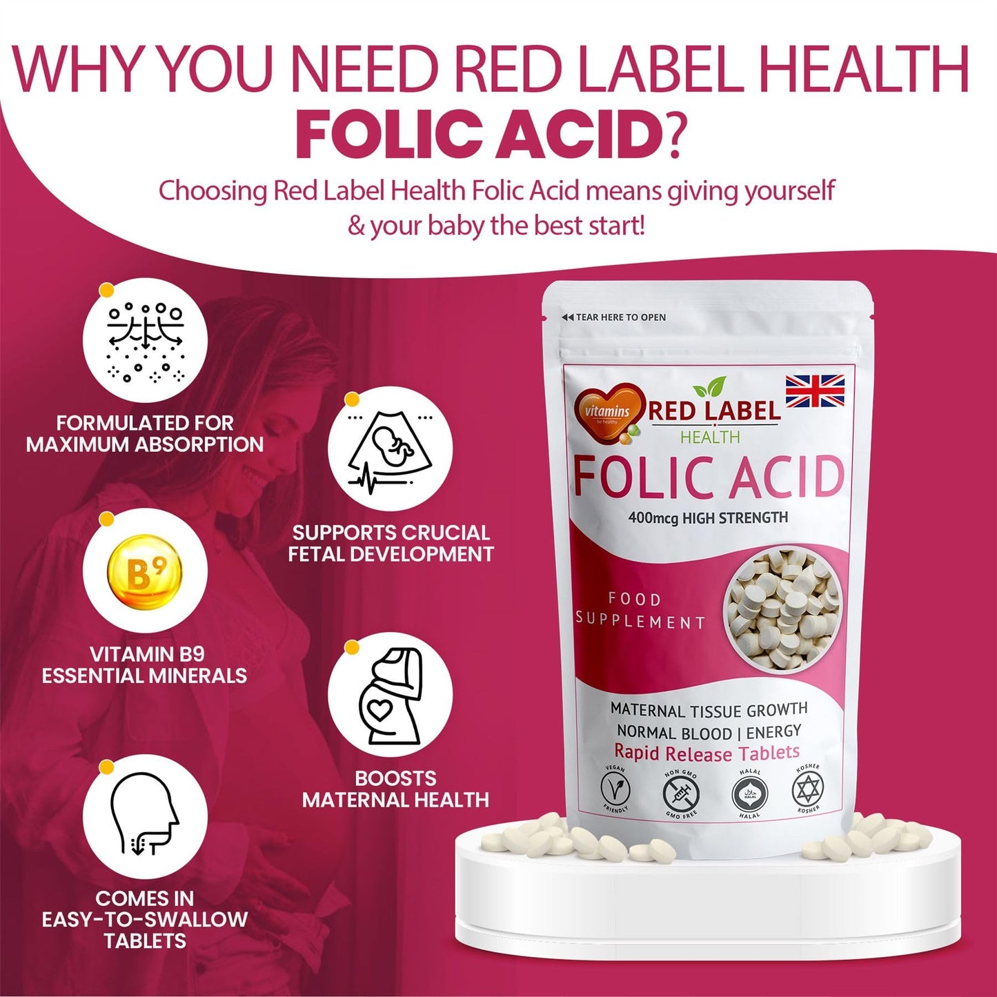 Red Label Health Folic Acid 400 mcg Tablets, 120 Vitamin B9 Tablets (4 Months Supply), Folate Fertility Supplement for Women, Vegan, Vegetarian, Supports Maternal Tissue Growth, Made in The UK
