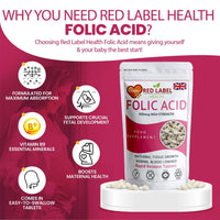 Red Label Health Folic Acid Tablets 400 mcg - 200 Vegan Vitamin B9 Tablets Pregnancy Care - Normal Function of Immune System & Maternal Tissue Growth During Pregnancy - Made in The UK