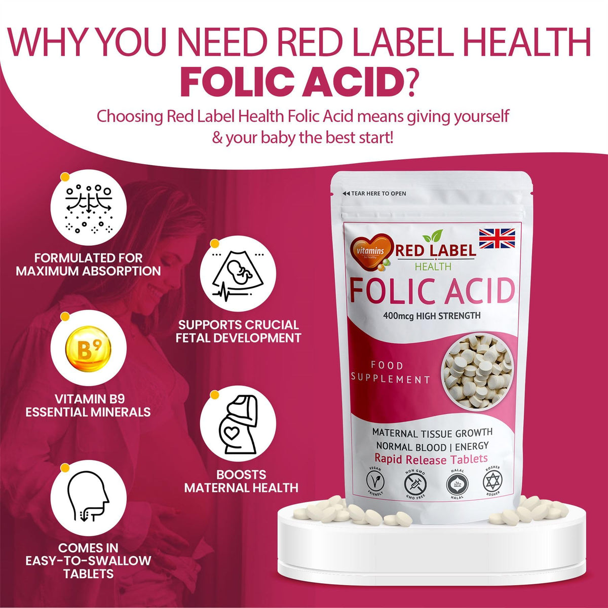 Red Label Health Folic Acid 400 mcg Tablets, 365 Vitamin B9 Tablets (1 Year Supply), Folate Fertility Supplement for Women, Vegan, Vegetarian, Supports Maternal Tissue Growth, Made in The UK