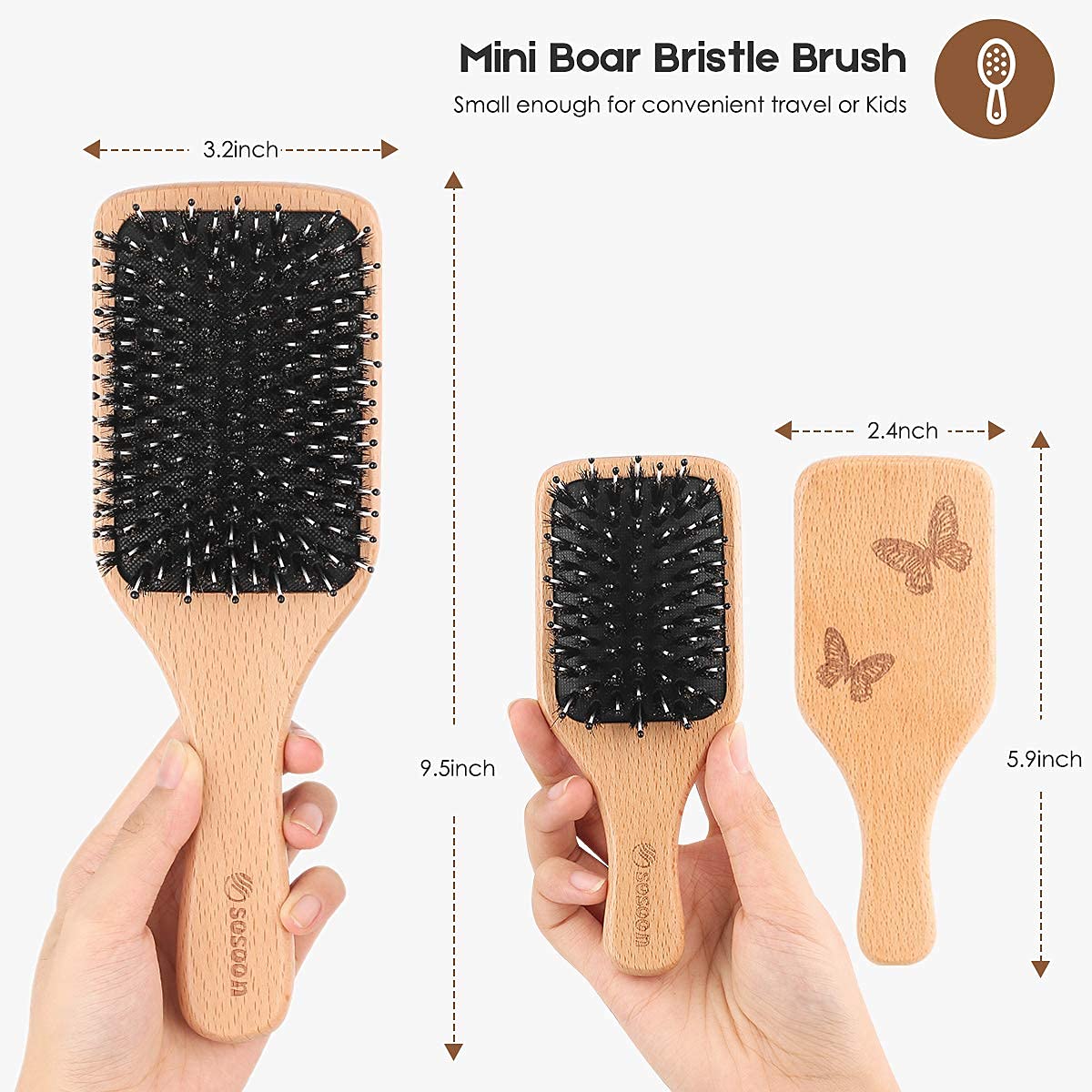 Hair Brush Set, Sosoon Boar Bristle Paddle Hairbrush for Women Men Kids Reducing Frizzy, No More Tangle, Small Travel Brush Tail Comb & Giftbox Included