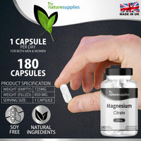 Magnesium Citrate Capsules 1480mg, 180 Per Bottle 3 Months Supply UK-Made, High Absorption Magnesium Supplements, Contributes to The Normal Function of Bones, Teeth, Energy - Naturesupplies…