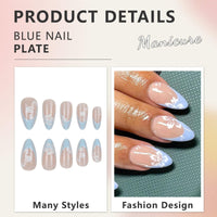 Cosmeria 24 Pieces Press on Nails, Blue French Tips, Medium Length Almond Shape Fake Nails with White Floral Design, Glossy Stick on Nails