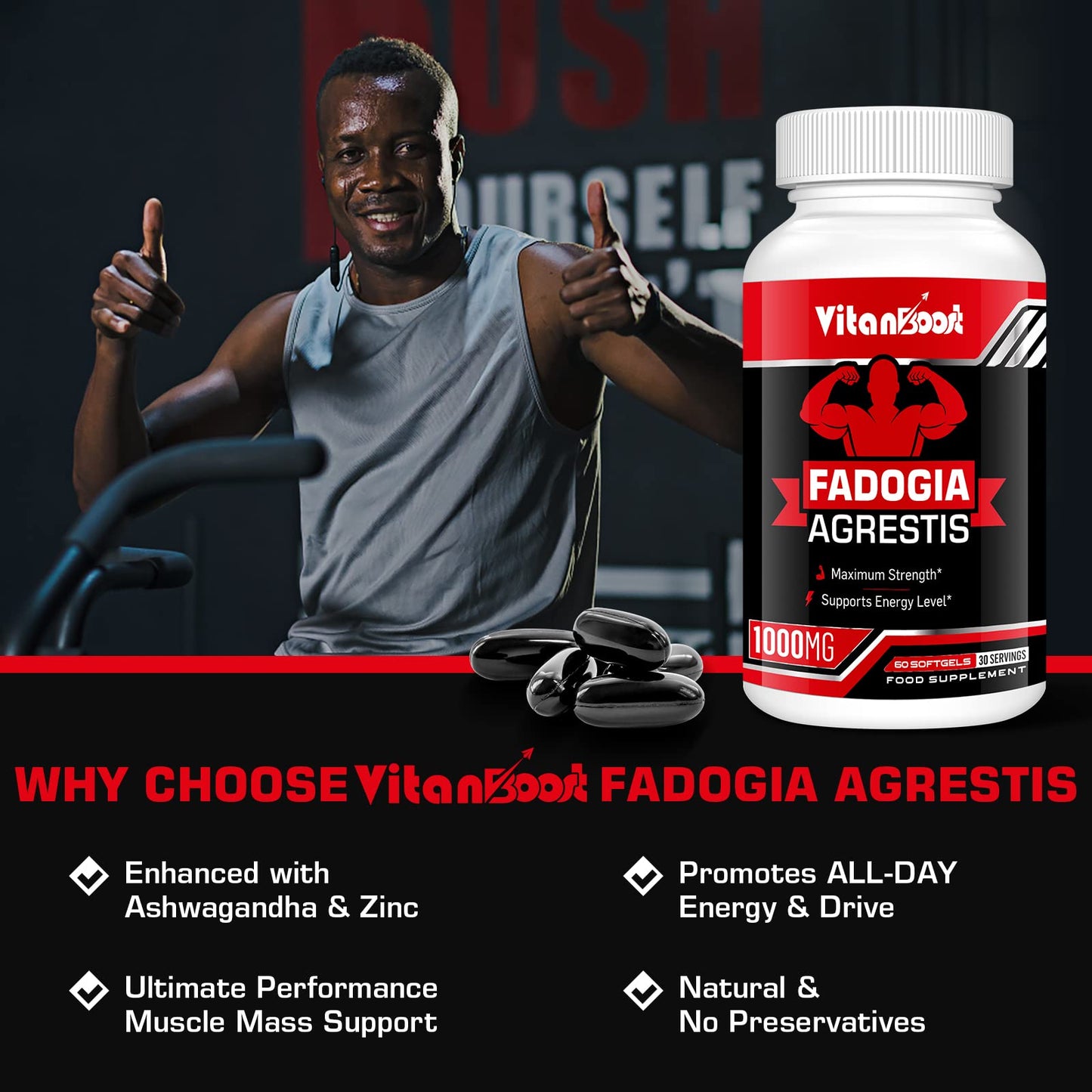 Vitanboost Fadogia Agrestis 1000mg with Ashwagandha & ZINC- Maximum Strength Fadogia Agrestis Extract Supplements - Drive, Athletic Performance & Muscle Mass - Gluten Free, Non-GMO, 120 Softgels