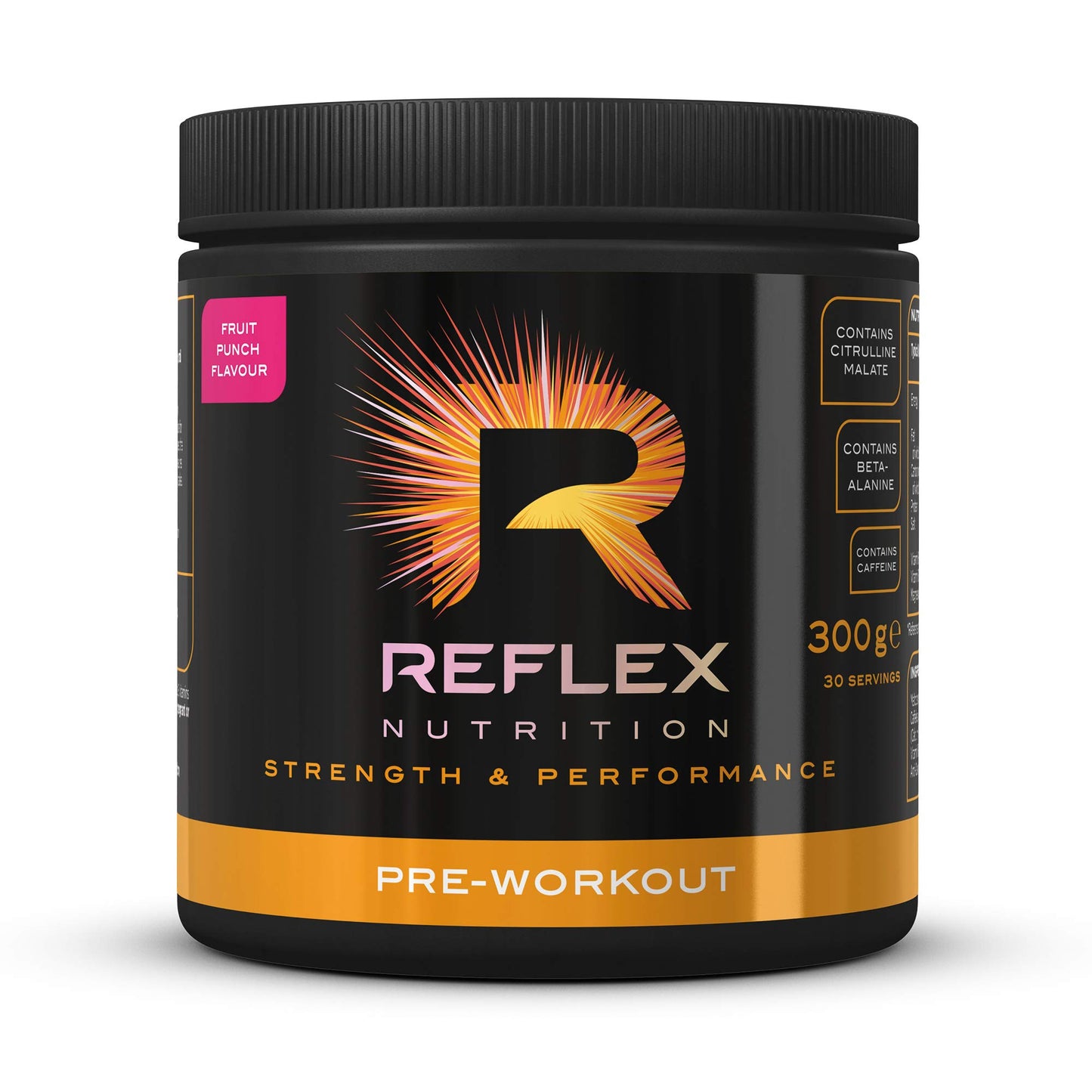 Reflex Nutrition Reflex Pre Workout Powder 3000 mg Citrulline Malate 1600 mg Beta-Alanine 125 mg Caffeine Plus B Vitamins and Electrolytes (Fruit Punch) (300 g)