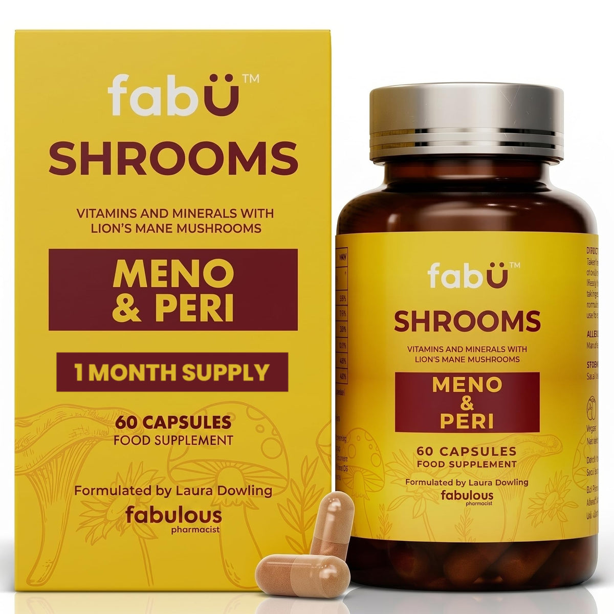 fabÜ Shrooms MENO & PERI - Lion's Mane Mushroom & Magnesium Supplements for Women During Menopause - Natural Perimenopause Support - Hormone Balance & Energy Support (60 Capsules)