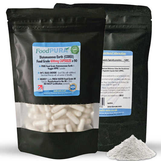 FoodPURA Food Grade Diatomaceous Earth Capsules (Codex) Pure White 94% Silica Fresh Water Sourced 600mg (90)