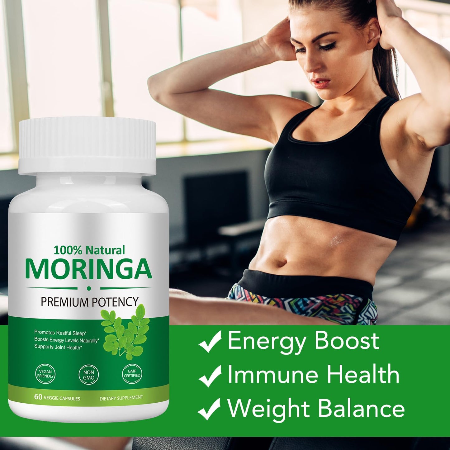 FSLHCY Moringa Capsules 800mg, Rich Moringa Powder Supports Energy, Joint & Immunity & Gut Health, Overall Vitality, Pure Vegan Extract Non-GMO (60pcs)