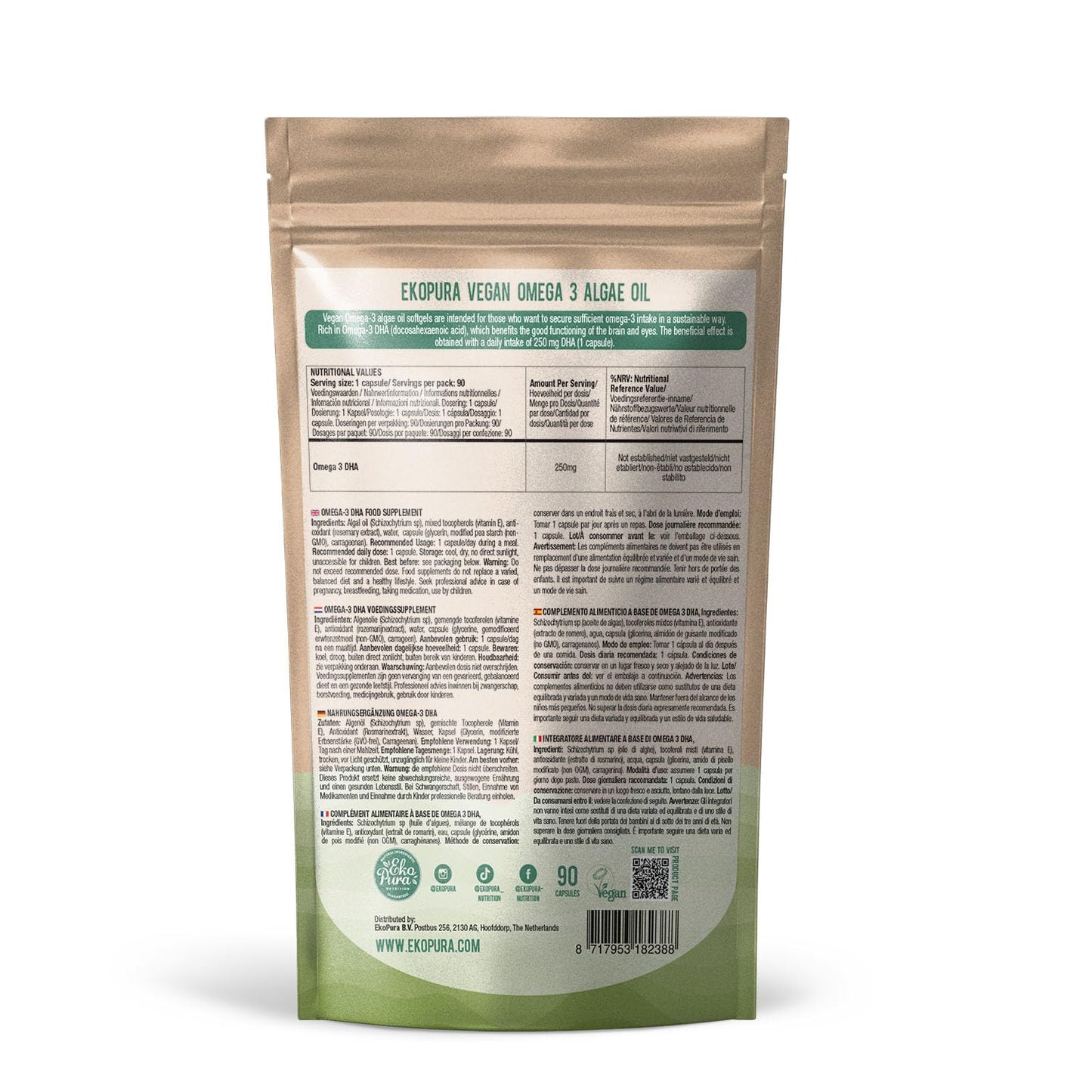 Ekopura Vegan Omega 3 Algae Oil 90 Capsules (250mg) | 250mg DHA Per Capsule | Support Brain & Eye | GMO-Free | Plant-Based Alternative to Fish Oils | 3 Months Supply (1 Capsule per Day)