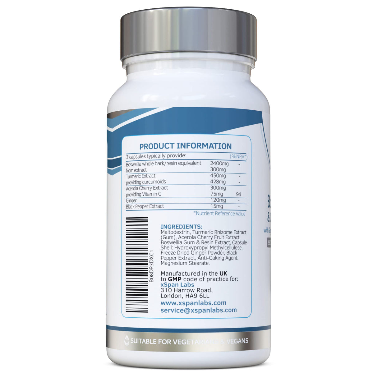 Xspan Labs Boswellic Acid & Curcumin Booster Complex – 1 Month Supply, 90 Capsules - containing Minimum 95% Curcumoids & 65% Boswellic Acid - with Added Ginger, Acerola Cherry and Black Pepper