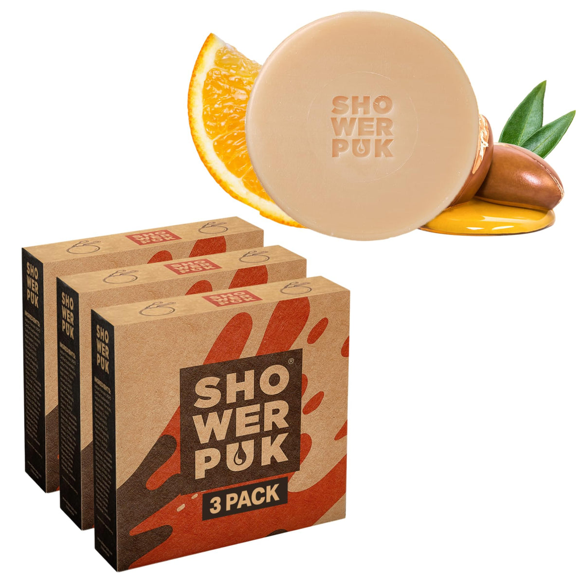 Shower PUK All-in-One Bar: Natural Shampoo, Body Wash & Face Soap with Shea Butter, Argan Oil & Long-Lasting Citrus Scent - Eco-Friendly, Plastic-Free, Vegan - 3 Pack Refill