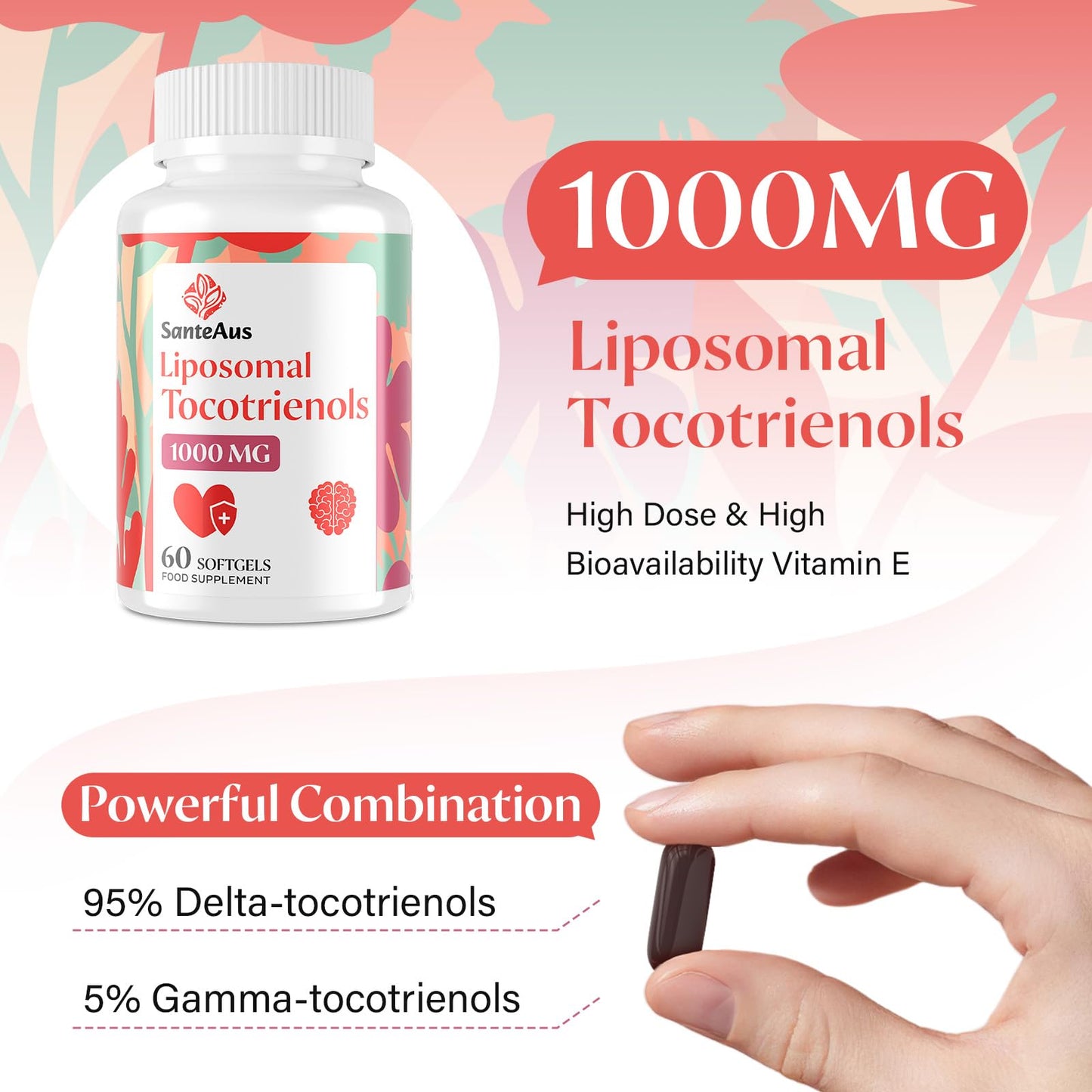SanteAus Liposomal Tocotrienols Supplement 1000mg, Vitamin E, High Bioavailability, 95% Delta & 5% Gamma Tocotrienol Capsules, for Immune, Bone, Skin, and Antioxidant Support, No Fillers, No Soy