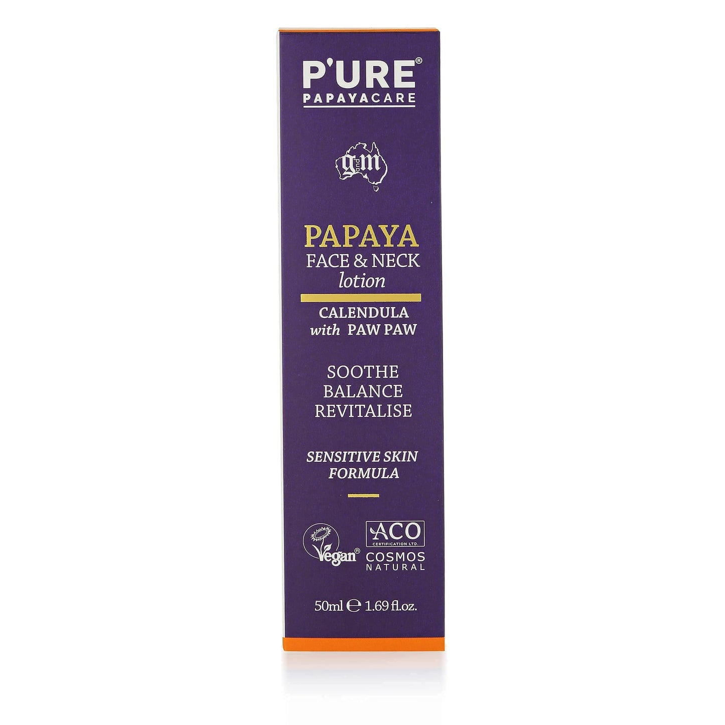 P'URE PAPAYA CARE Face Lotion & Neck Cream 50ml - Vegan Face Moisturiser - Papaya Enzymes, Bergamot, Calendula Cream, Hyaluronic Acid, Vitamin E Face Cream - Natural Facial Moisturising Lotion
