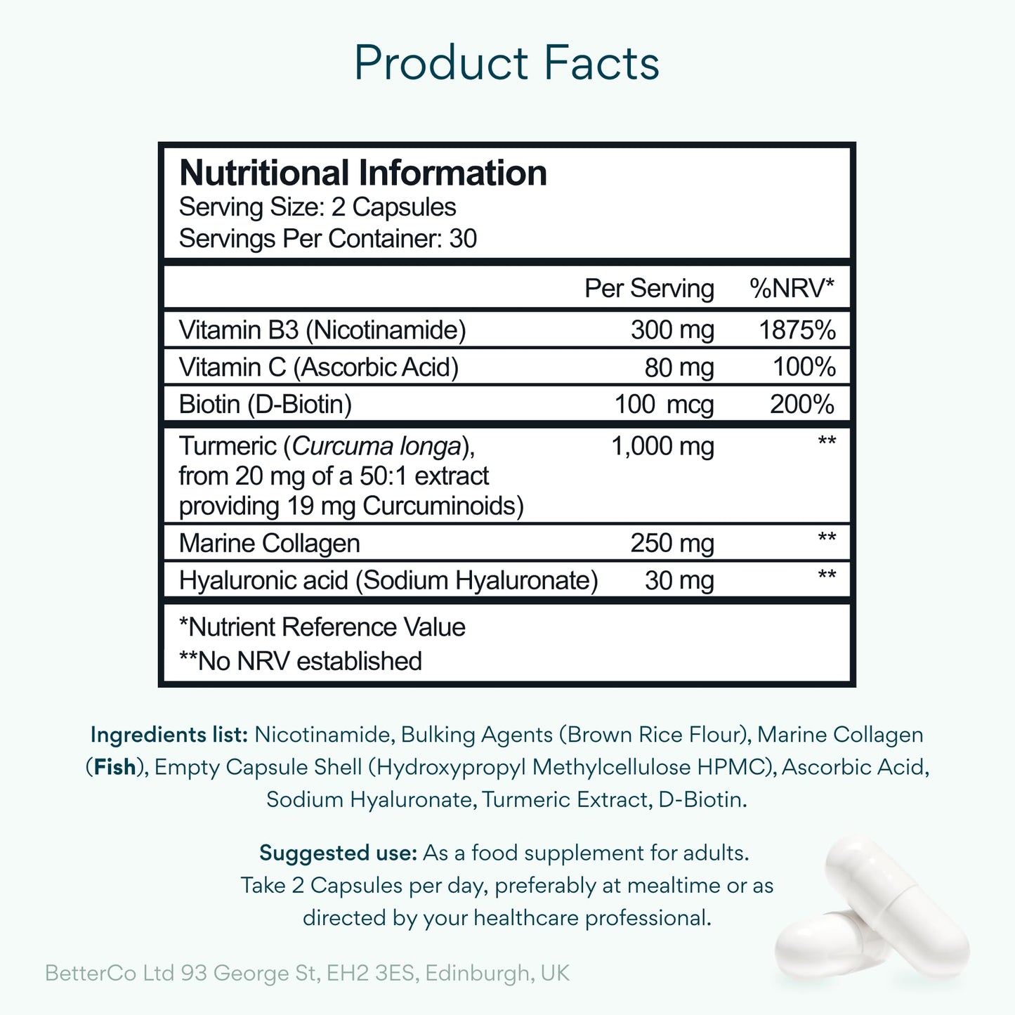 Bettervits Niacinamide Complex with Vitamin B3 Niacin, Marine Collagen, and Hyaluronic Acid – High-Strength Niacinamide Supplement for Energy Support – Natural Vitamin B3 Boost – 60 Capsules