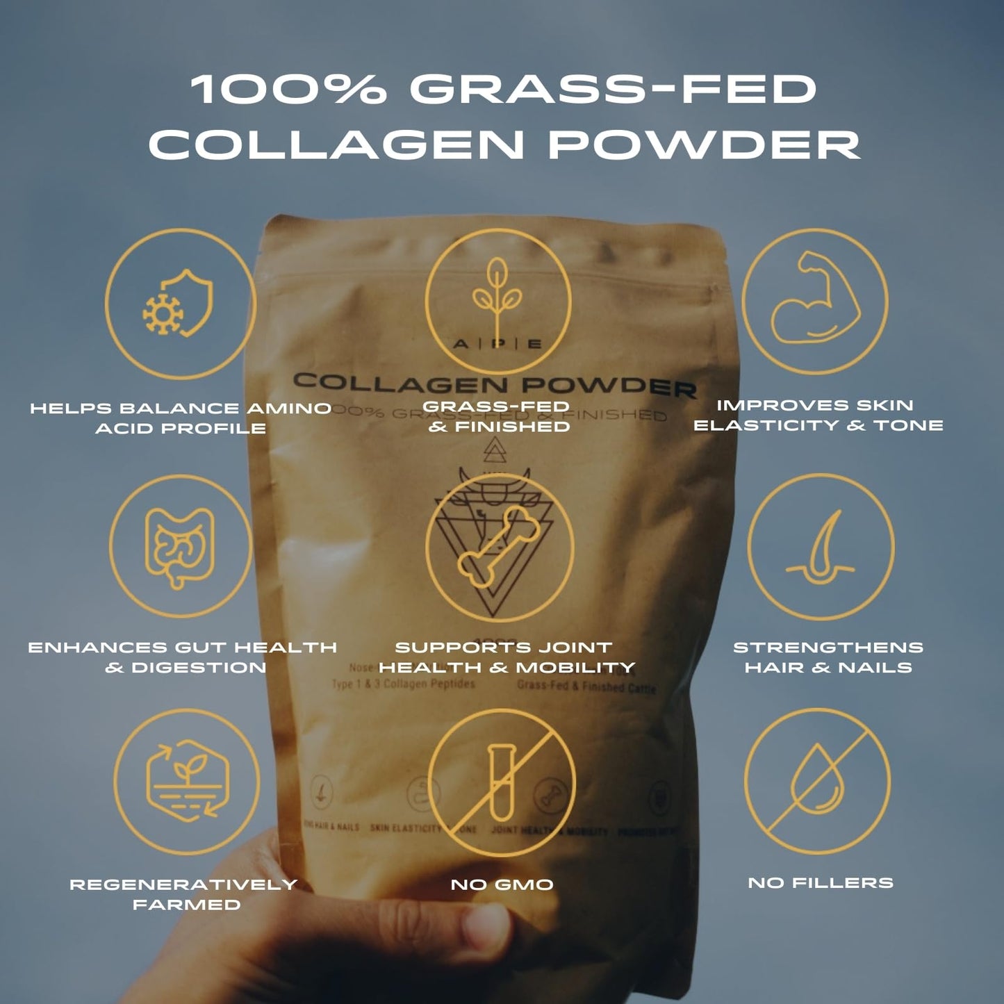 APE Nutrition Collagen Powder Peptides - Type 1 & 3 Bovine Collagen Protein, 100% Grass-Fed & Finished, Ancestral Supplement UK, Unflavoured, Improves Hair Skin & Nail Health