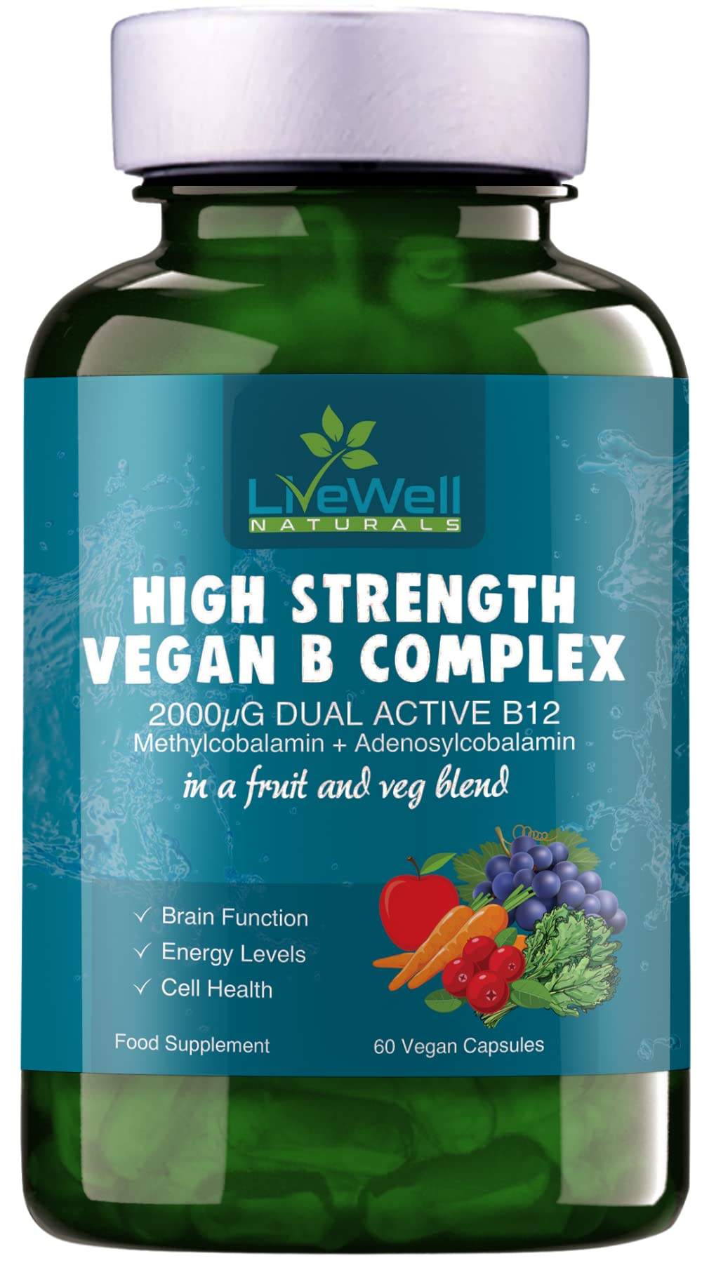Vitamin B Complex Vegan High Strength Plant Based 60 Capsules Vitamin B12 Supplement B12 2000μg B9 Folate 400μg B7 Biotin 250μg B6 10mg B5 25mg B3 20mg B2 7.5mg B1 12.5mg with Choline Bitartrate