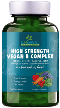 Vitamin B Complex Vegan High Strength Plant Based 60 Capsules Vitamin B12 Supplement B12 2000μg B9 Folate 400μg B7 Biotin 250μg B6 10mg B5 25mg B3 20mg B2 7.5mg B1 12.5mg with Choline Bitartrate