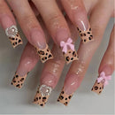 Generic Long Square Fake Nails with Leopard Print & Pink Bow Designs - 24PCS Glossy Reusable Artificial Nail Tips for Women, Nude Pink Gradient Coffin Style Acrylic for Daily Wear and Special Occasions
