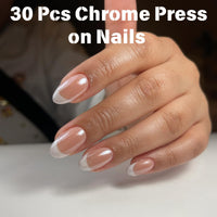 EONFAVE 30 Pcs Chrome Press on Nails - French Tip False Nails - 24pcs Medium Almond Press On - Fake With Glue - Acrylic Glossy Nude With White Tips Designs - Full Cover Glue On