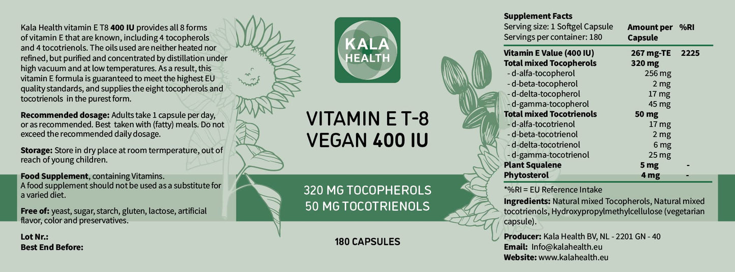 Kala Health Vitamin E - All 8 Tocopherols + Tocotrienols 400 IU Vegan - Alpha Tocopherol/Tocotrienol + Beta Tocopherol/Tocotrienol + Gamma Tocopherol/Tocotrienol + Delta Tocopherol/Tocotrienol