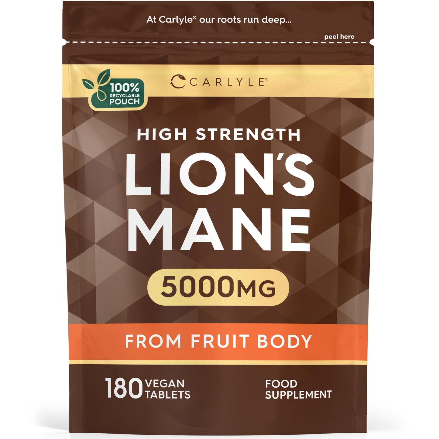 Lions Mane Supplement High Strength | 5000mg Lions Mane Supplement | from Fruit Body | 180 Vegan Tablets | Mushroom Extract | by Carlyle