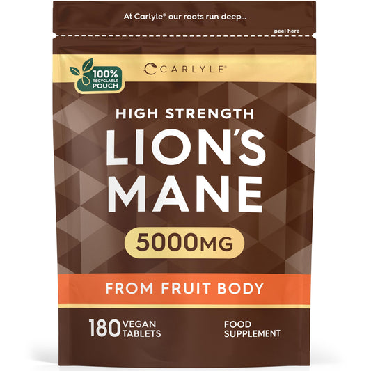 Lions Mane Supplement High Strength | 5000mg Lions Mane Supplement | from Fruit Body | 180 Vegan Tablets | Mushroom Extract | by Carlyle
