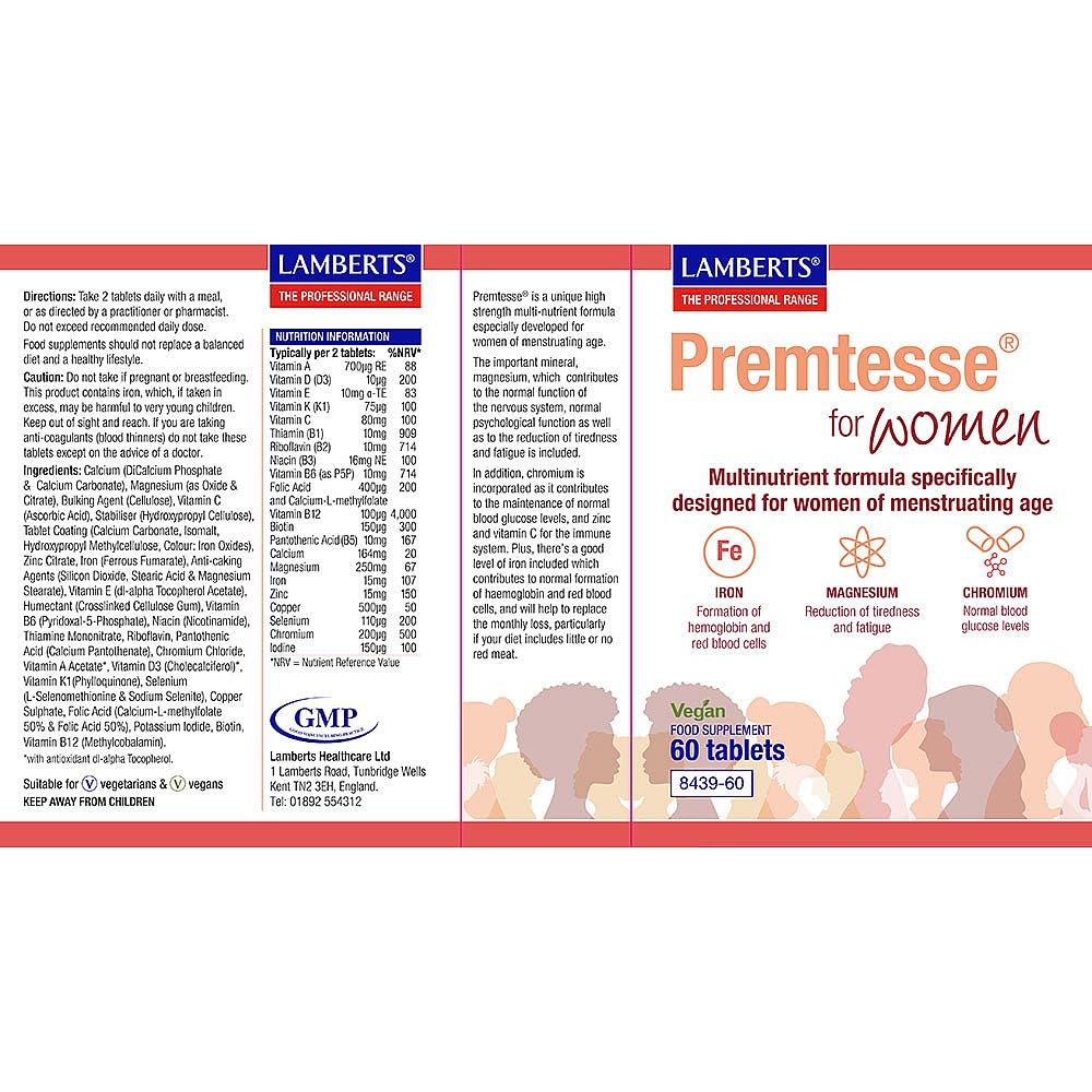 Lamberts Premtesse for Women – Multinutrient Formula with Methylfolate, B6 & Magnesium – 60 Vegan Tablets