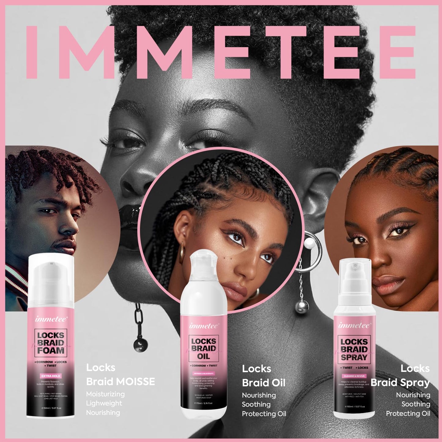 immetee Locks Braid Oil, Refreshes Dry & Itchy Scalp, Braid Oil for Braids, Locks, Twists, Cornrows, Promotes Stronger Edges & Adds Shine to Braids. 170ml/5.74fl oz